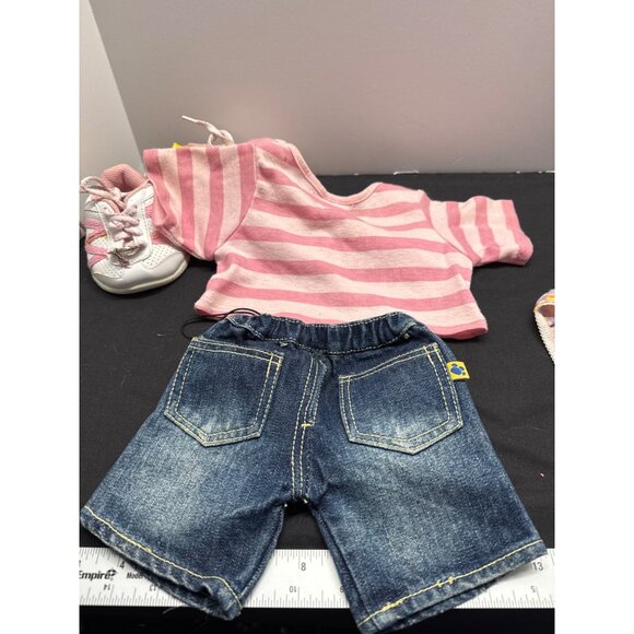 Build-A-Bear Workshop Doll Clothing Set W/ Pink Striped Shirt Denim Shorts Skech - Picture 3 of 10